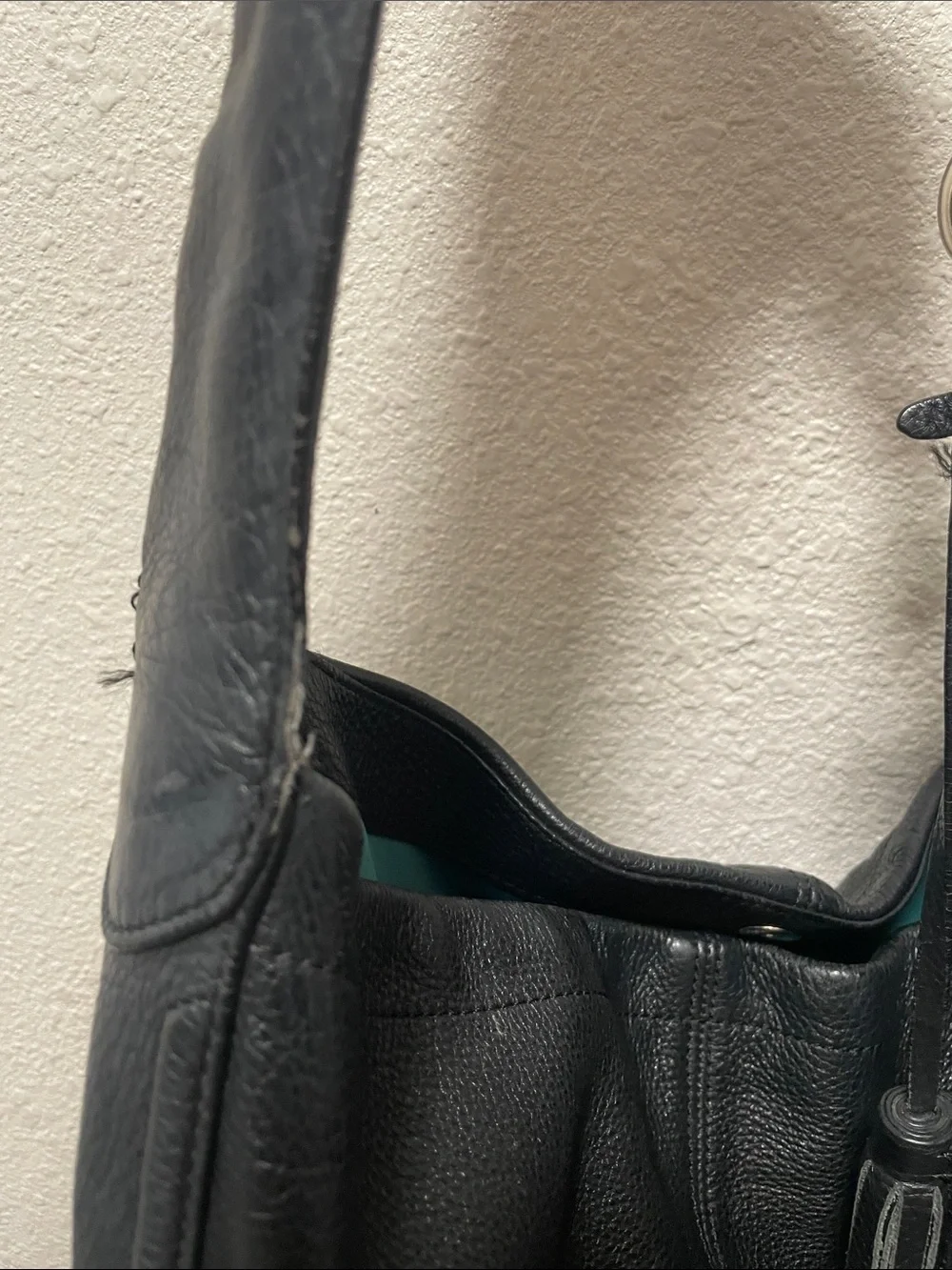 COACH Black Tumbled Leather Single Leather Wide Handle Shoulder Bag Teal Lining